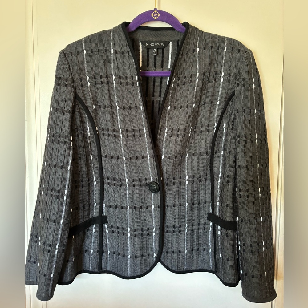 Ming Wang grey knit plaid jacket sweater